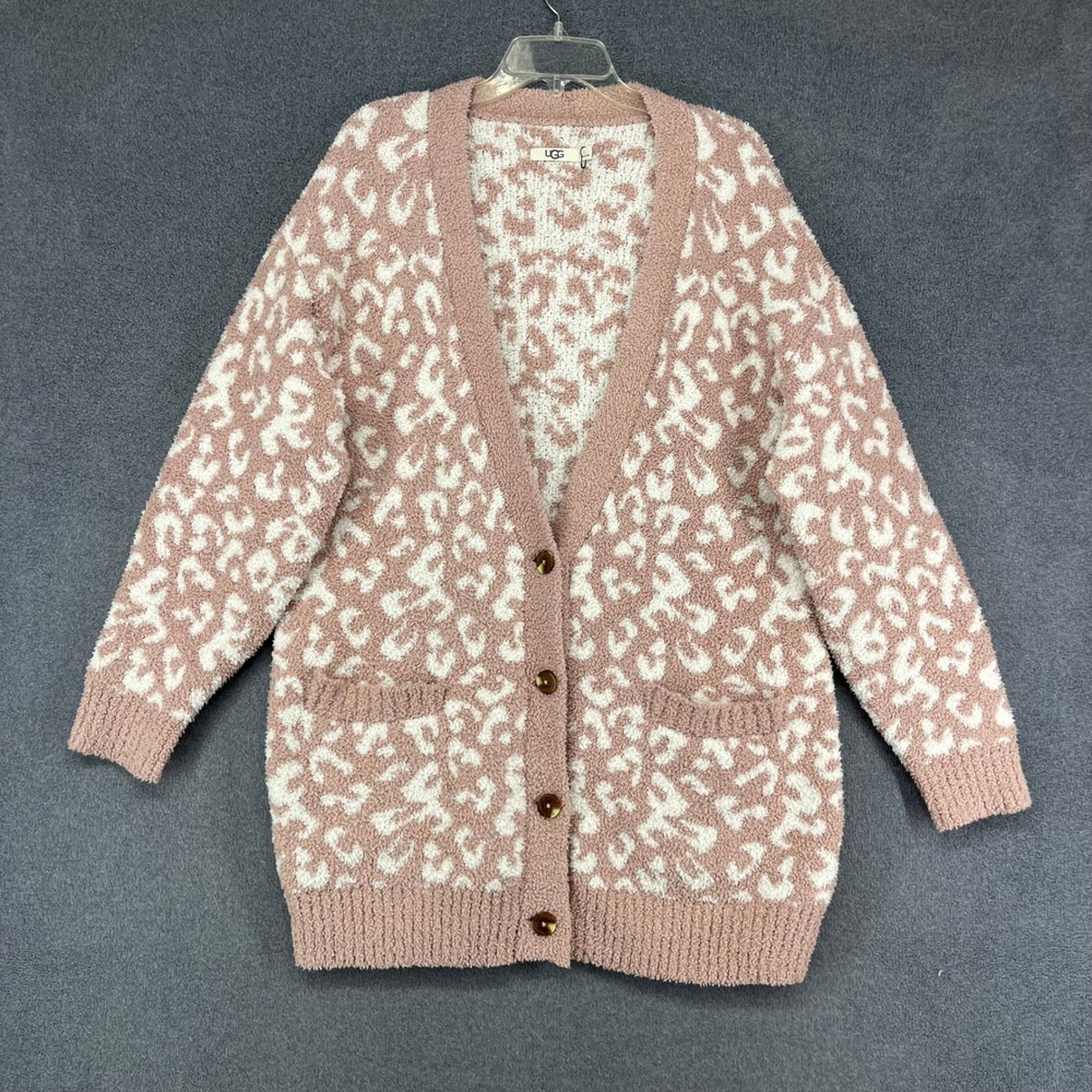 UGG Cardigan Womens Large Pink Leopard Print Popcorn Knit V-Neck Button Front
